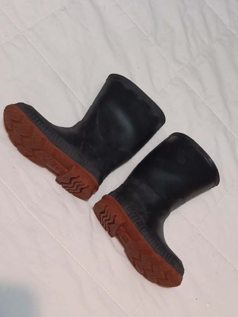 Black Rubber Rain Boots with Brown Soles
